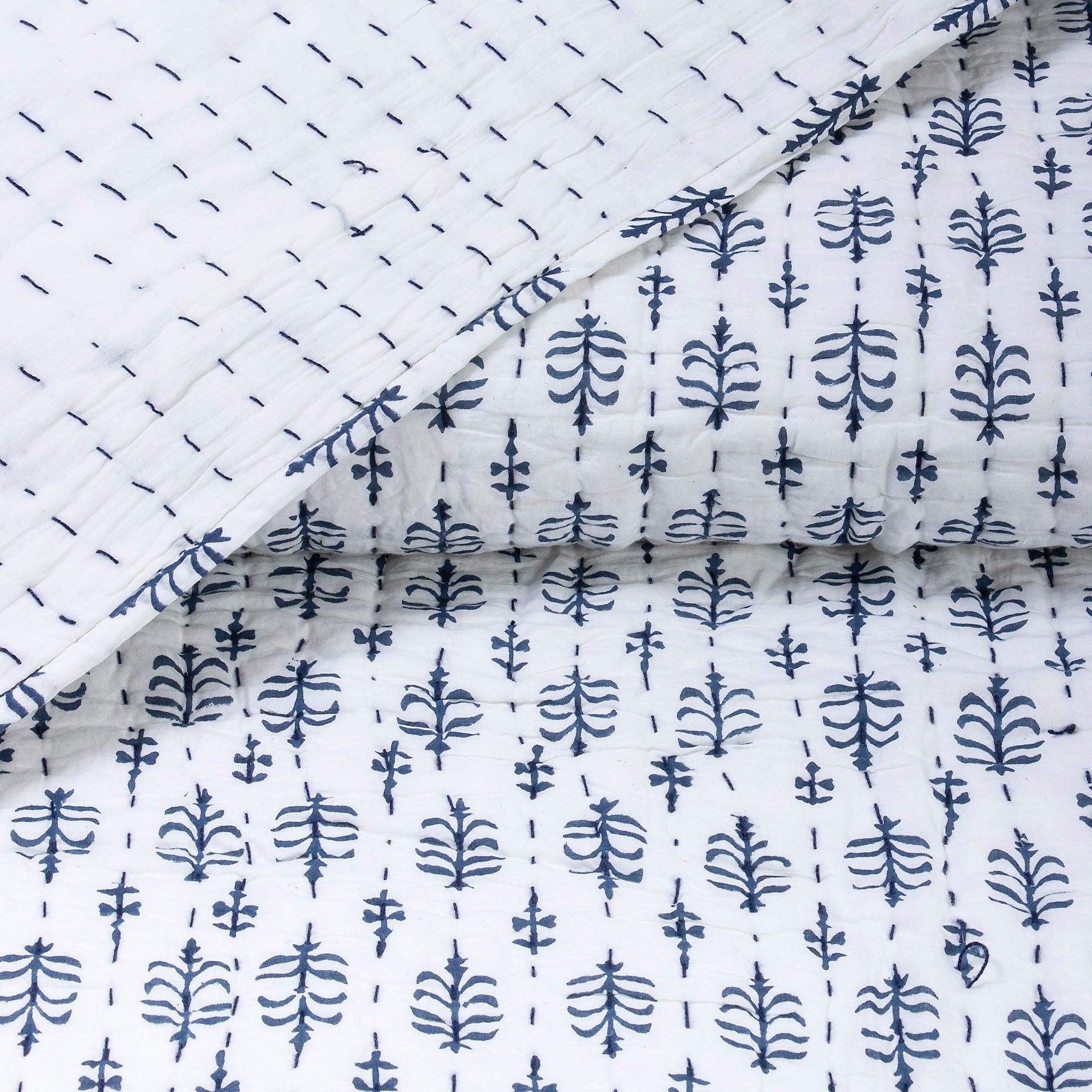 Hand Block Blue Leaf Print Soft Cotton Reversible Kantha Quilt